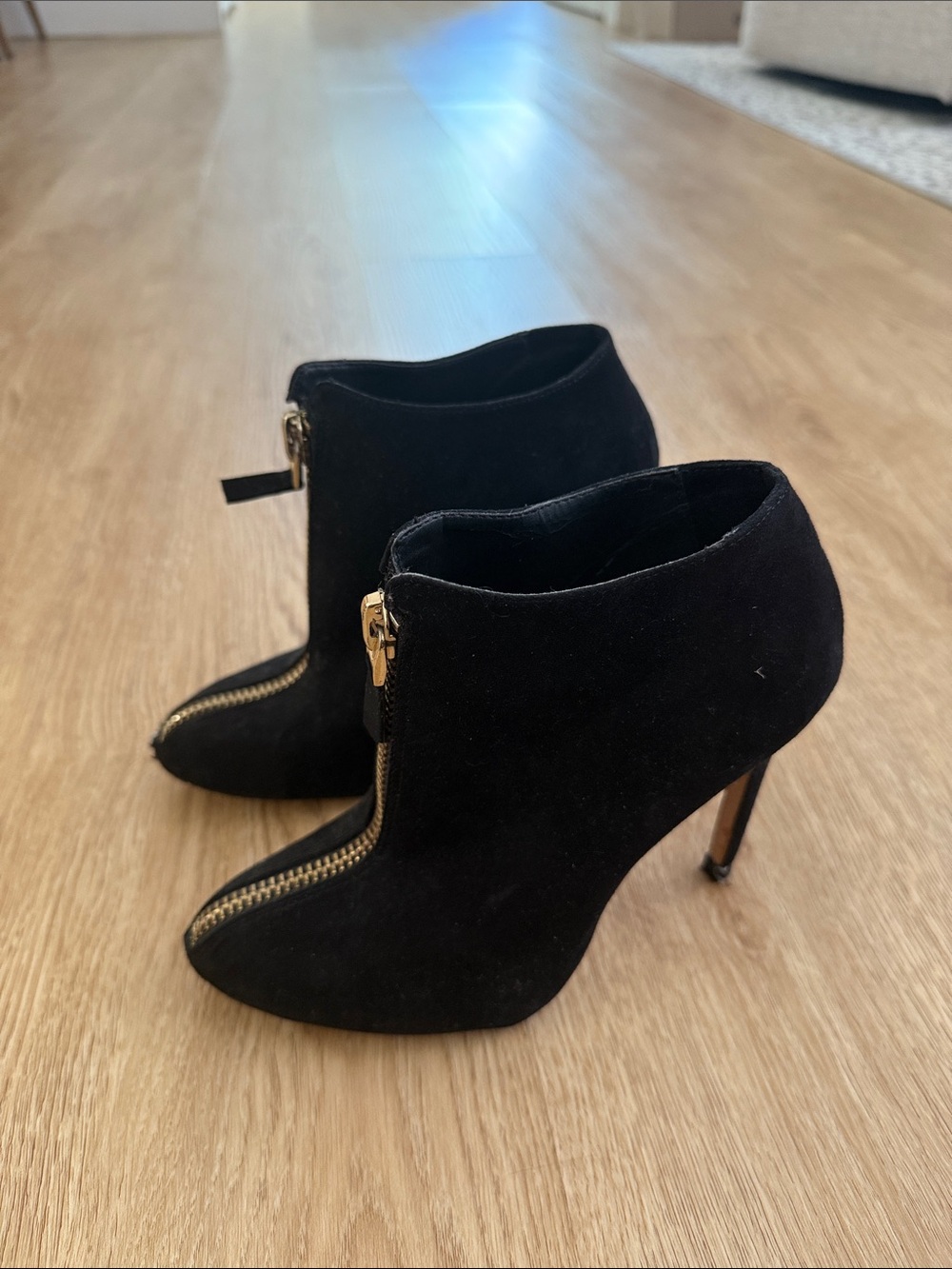 Zara Black Suede Ankle Booties with Gold Zip Accent - Women's Heels